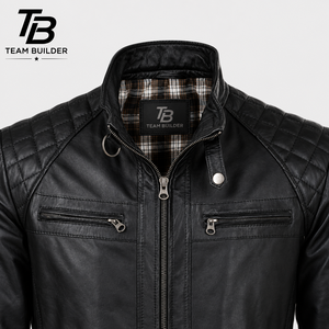 Blouson de moto d'hiver imperméable en cuir véritable pour homme grande taille TEAM BUILDER avec garniture en peau de mouton, col montant et doublure à carreaux zippée - Product Image 6