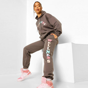 Women's Gray Hooded Tracksuit <b>Set</b> With Colorful Wellness Print Full Length Casual Loose Fit Cotton Joggers And Sweatshirt - Product Image 3