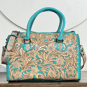 Sacs de voyage et de week-end Speedy en cuir véritable turquoise, faits main, à carreaux, en cerisier, avec motifs de designer, grande capacité - Product Image 5