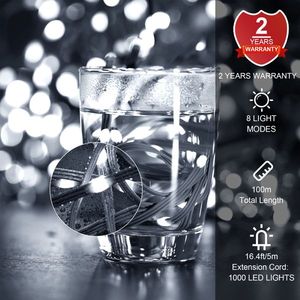 Guirlandes lumineuses de Noël 1000 LED/328 pieds, décoratives d'extérieur, lumière blanche, 8 modes, télécommande, étanches IP67, fonction minuterie et mémoire - Product Image 4