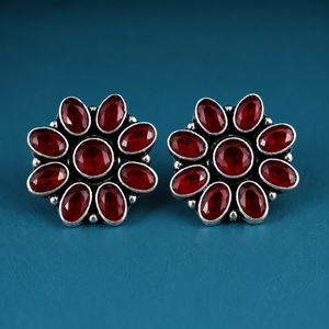 Direct Factory <b>Oxidized</b> Silver Stud Earrings Pear Cut Turquoise Flower Design | Bohemia Style Party Women's Wholesale Bulk Best - Product Image 1