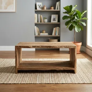 Table basse en bois rustique avec étagère ouverte, en bois recyclé fait main, finition naturelle vintage, table centrale rectangulaire pour salon - Product Image 2