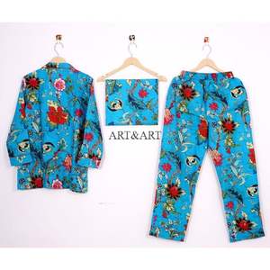 Ensemble de pyjama en coton à motif floral, design simple, imprimé à la main, vêtements de nuit pour femmes, ensemble léger pour l'été, pour dormir - Product Image 4