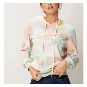 Pull-over élégant pour femme 100 % coton, décontracté, à manches longues, avec capuche, tendance, tie-dye, uni, motif uni pour femme - Product Image 2