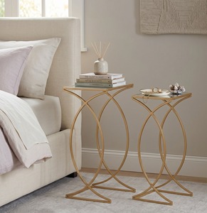 Premium Brass End Table Set Chic Curved Steel <b>Frame</b> Wood Top Sofa Side Stand Elegant Nordic Living Room <b>Plant</b> Display - Product Image 4