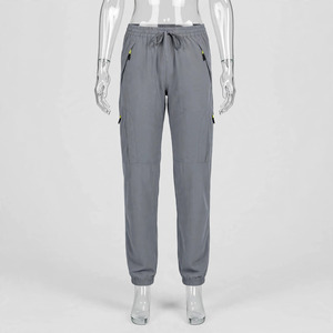 Pantalon cargo gris pour femme, taille mi-haute, cordon de serrage, coupe ample, longueur intégrale, plusieurs poches, style décontracté, pour le printemps - Product Image 3