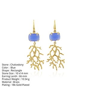 Wholesale Trending Jewelry 18k <b>Gold</b> Plated Brass Hook <b>Earring</b> Gemstone Blue Chalcedony Coral Branch Drop <b>Earring</b> Claw Setting - Product Image 1