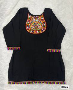 <b>Women's</b> Black Ethnic <b>Kurta</b> With Colorful Embroidery And Tassel Hem Loose Fit Cotton Top <b>For</b> Casual Wear India Pakistan Style - Product Image 6