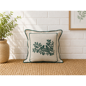 Luxury Nature-Inspired Embroidered Linen <b>Cushion</b> Cover | Bird & Floral Accent Pillow - Product Image 1