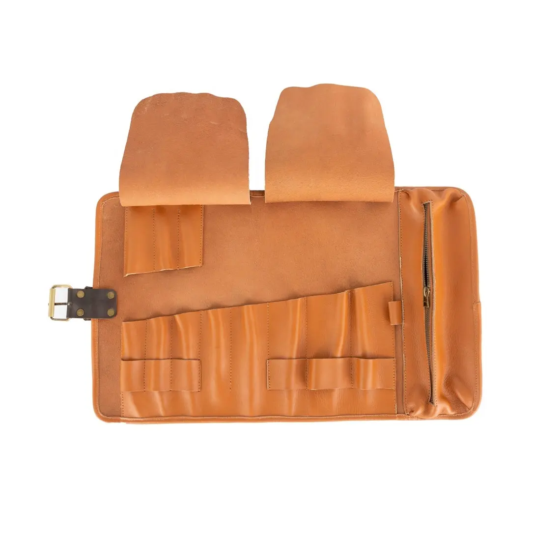Tan Brown with Buckle Chef Sheath Roll Case, Full Grain Leather Sheath Roll For Tools barber rolling Pouch