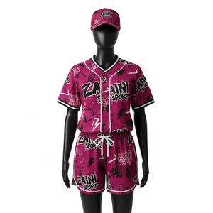 Ensemble short de baseball pour femmes, léger, en polyester mesh 150 GSM, respirant, imprimé par sublimation rose, logo personnalisé, ensembles pour femmes - Product Image 1