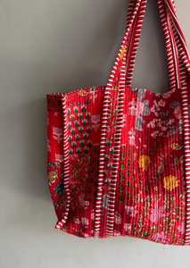 Red Panelled Cotton Tote Bag With Floral Print Bohemian Style Open Top Shopping Bag All Seasons gift for her - Product Image 2