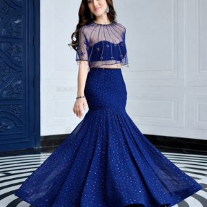 Conjunto de Lehenga Azul Medianoche de Diseñador, Lujoso Conjunto Indo-Occidental de 3 Piezas, Corte Entallado, para Fiesta, Boda, Noche, en Georgette Azul Marino, Estilo Sirena - Product Image 6