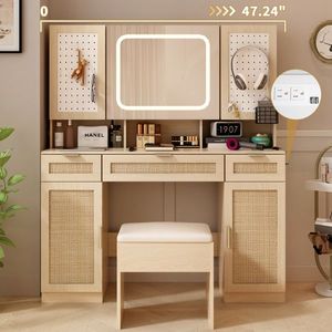 Large LED <b>Lighted</b> Mirror <b>Makeup</b> Vanity <b>Table</b> Set <b>with</b> 2 DIY Pegboards 5 Hooks Charging Station - Product Image 5