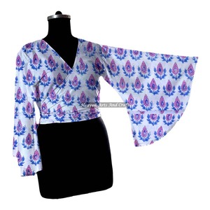Vestido de algodón con lazo envolvente para mujer, conjunto de vestido con top envolvente de manga larga acampanada y cintura alta con estampado de bloques. - Product Image 5