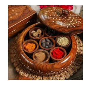 Wood Spice <b>Box</b> Container Flower design Natural Wood Color With 6 Compartments Hand Carved Floral Design For Kitchen <b>Herb</b> <b>Box</b> - Product Image 3