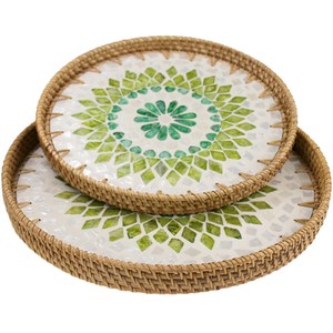 Plateau en rotin style vintage avec nacre, accessoire de décoration élégant pour la maison, plateau en rotin artisanal, plateau de service et de présentation haut de gamme - Product Image 2