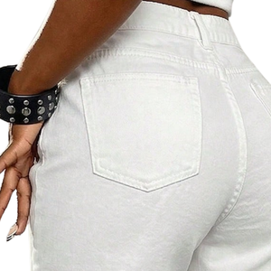 Shorts en jean décontractés pour femme, blancs, taille haute, coupe droite, avec strass, respirants, séchage rapide, 100 % coton, coupe classique, personnalisables - Product Image 4