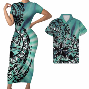 Robe de club polynésienne pour femme et chemise assortie pour homme, style long, motif tribal personnalisé à rayures dorées, grandes tailles - Product Image 3