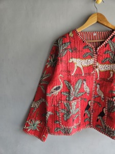 Red Quilted Jacket With <b>Animal</b> Print <b>Pattern</b> Full Sleeve Pullover Women's Summer Jacket Woven Polyester Fabric gift <b>for</b> her - Product Image 2