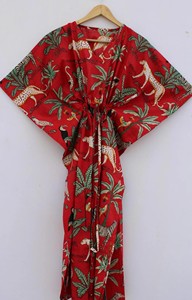 Robe Kaftan pour femmes, 100% coton, imprimé floral animalier, col en V, robe enveloppante, respirante, séchage rapide, écologique, manches courtes, plage - Product Image 3