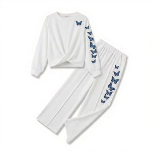 Women <b>White</b> Butterfly Embroidered <b>Tracksuit</b> Full Sleeve Crew Neck Casual Lightweight Cotton Two Piece Set Spring Wear - Product Image 1