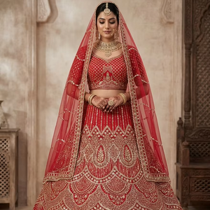 Exquisite <b>Red</b> & Gold <b>Silk</b> Bridal Lehenga Set Intricate Scallop Pattern Hand Embroidery Luxury Wedding Ghagra Choli for Modern - Product Image 1