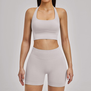 Ensemble de yoga uni pour femme, legging taille haute et crop top, sans couture, en Spandex et Polyester, 2 pièces, tenue de sport, col licou, fitness - Product Image 6