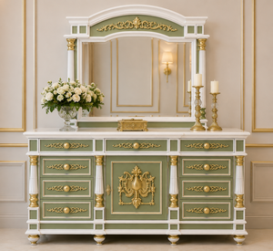 Roman Inspired Hand Carved Bedroom Suite Luxury Hand Carved Solid Teak Wood Bedroom Furniture <b>Set</b> with Sage Green & Gold Finish - Product Image 5