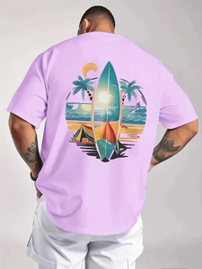 Men's Purple T-Shirt Short Sleeve O-Neck Digital Print Beach Surf Design Regular Fit 100% Cotton Jersey Breathable Casual Style - Product Image 4