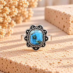 Anillo de Cobre con Turquesa Azul, Diseño Cuadrado de Flor, Hecho a Mano, Estilo Bohemio Occidental, Anillo de Joyería con Piedra Preciosa, Regalo para Mujer - Product Image 1
