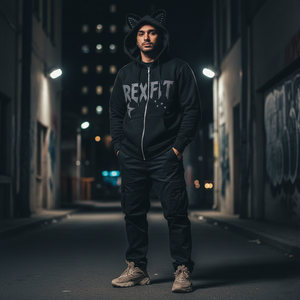 Sudadera con capucha Rexfit Sport para hombre, bordada, de algodón, con cremallera, logotipo personalizado, hombros caídos, estilo oversize, gruesa, con pedrería. - Product Image 3