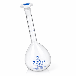 Fiole volumétrique de haute précision 200 ml Classe A en verre borosilicaté certifié USP avec graduation bleue et bouchon PE - Product Image 2