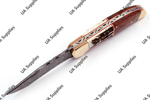 มีดพับเหล็กดามัสกัสทำมือคุณภาพสูงสำหรับมืออาชีพ ด้ามจับทำจากเขาสัตว์ กวาง ไม้พะยูง และทองเหลือง เหมาะสำหรับการล่าสัตว์ กิจกรรมกลางแจ้ง ตั้งแคมป์ พกพาสะดวก (EDC) รับผลิตแบบ OEM - Product Image 5