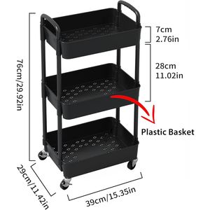 Carrello Portaoggetti a 3 Ripiani in Plastica con Maniglia, Trolley Multifunzionale per Ufficio, Casa, Cucina e Soggiorno - Product Image 2
