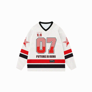 T-shirt en jersey tendance pour homme, col en V, manches longues, coupe oversize, imprimé lettres personnalisées, printemps et automne, décontracté et à la mode - Product Image 1