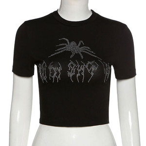 Camiseta Punk Vintage con Pedrería de Araña, Estilo Gótico, para Mujer, Estilo Y2K, Cuello Redondo, Color Negro, Ropa Urbana, 100% Poliéster - Product Image 1