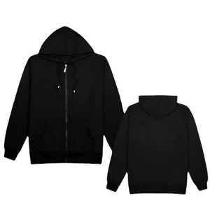 Black French Terry Custom Logo Print Zip up Hoodie Plus Size <b>Men</b> <b>Tracksuit</b> Jacket Sleeve Stripe Front Pocket Casual Wear - Product Image 2