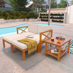 Set di 5 sedie lounge da patio in legno di acacia con pouf e cuscini - Product Image 3