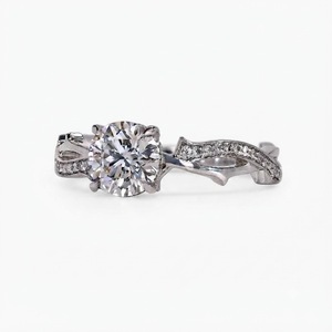 Bague de fiançailles antique en or blanc 14 carats avec diamant de laboratoire rond de 1 carat, 1,17 carat, couleur E, clarté VS1, sertie en grappe sur bande torsadée - Product Image 2