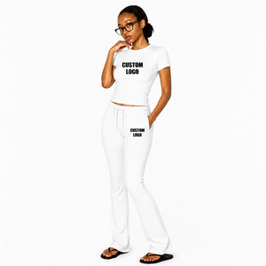 Custom Logo Short Sleeves Slim Fit Gym Tee Cotton T-Shirts Wide Leg Yoga Pants <b>Flared</b> <b>Leggings</b> 2 Pieces Women Yoga Set - Product Image 1