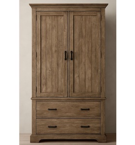 Modern Farmhouse Solid Wood 2 Door <b>Wardrobe</b> with 2 Lower Drawers Rustic Oak Finish Storage Armoire - Product Image 1
