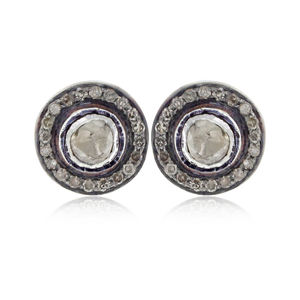 Pendientes de botón de plata 925 oxidada con diamante Polki natural, vermeil amarillo, 10 mm, cierre a presión, joyería fina - Product Image 1