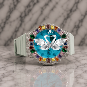 Luxury Fashion Classic Ice Blue Dial Analog Watch Rainbow Crystal Bezel Full Pave Moissanite Design Rubber Band - Product Image 1