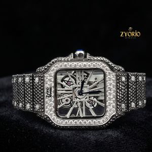 Luxury Iced <b>Skeleton</b> ETA <b>Automatic</b> <b>Watch</b> Roman Numeral Black White Moissanite Diamond Square Stainless Steel Bracelet Mens <b>Watch</b> - Product Image 1
