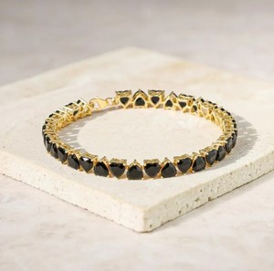 Heart Shape Black Onyx Gold Plated Sterling <b>Silver</b> <b>Charm</b> Tennis Bracelet Elegant Luxury Fine Jewelry for Women - Product Image 2