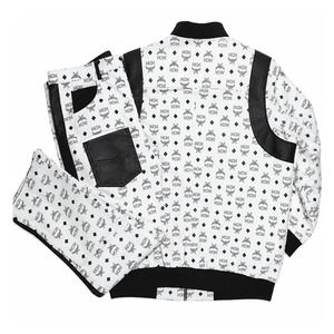 Ensemble de survêtement en cuir véritable inspiré de MCM, noir et blanc, tenue signature avec chapeau en cuir - Product Image 2