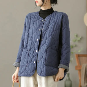 Abrigo Cálido de Otoño con Bolsillos Delanteros y Cierre de Botones, Chaqueta Acolchada para Mujer, Cuello en V, Manga Larga, Color Sólido, Relleno de Poliéster - Product Image 4