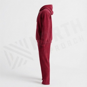 Survêtement unisexe en velours rouge à manches longues, à capuche, couleur unie, vêtements de sport décontractés avec poches latérales, taille élastique, vêtements d'automne - Product Image 3