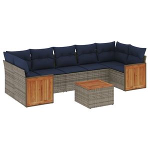 Conjunto de Sofá de Jardín de 8 Piezas en Poliratán Gris con Cojines, Muebles de Exterior con Panel de Madera de Teca, Diseño Contemporáneo - Product Image 2
